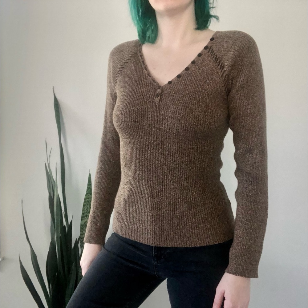 Vintage Y2K Creazioni Effici Henley Marled Ribbed Pullover Raglan Sleeve Sweater